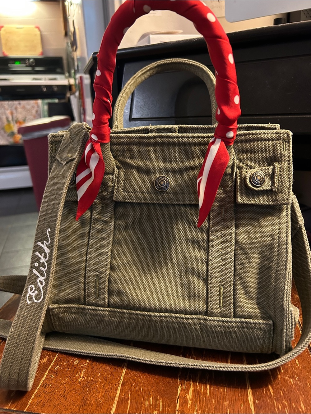 Gap Bag Small Olive Canvas Tote with Red Scarf-Wrapped Handles - Picture 2 of 10